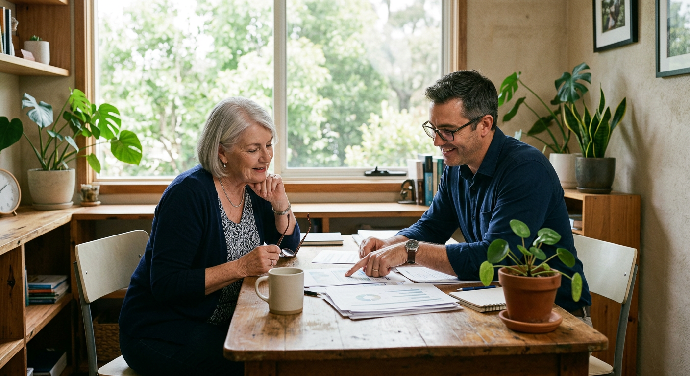 A woman reviewing documents with a professional adviser in a bright office