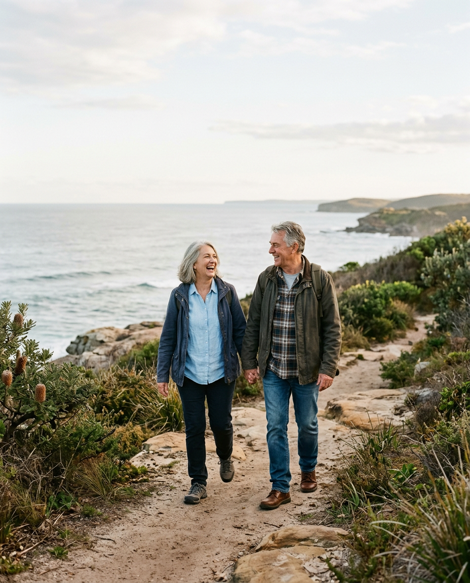 A couple in their sixties laughing together on a coastal walking track