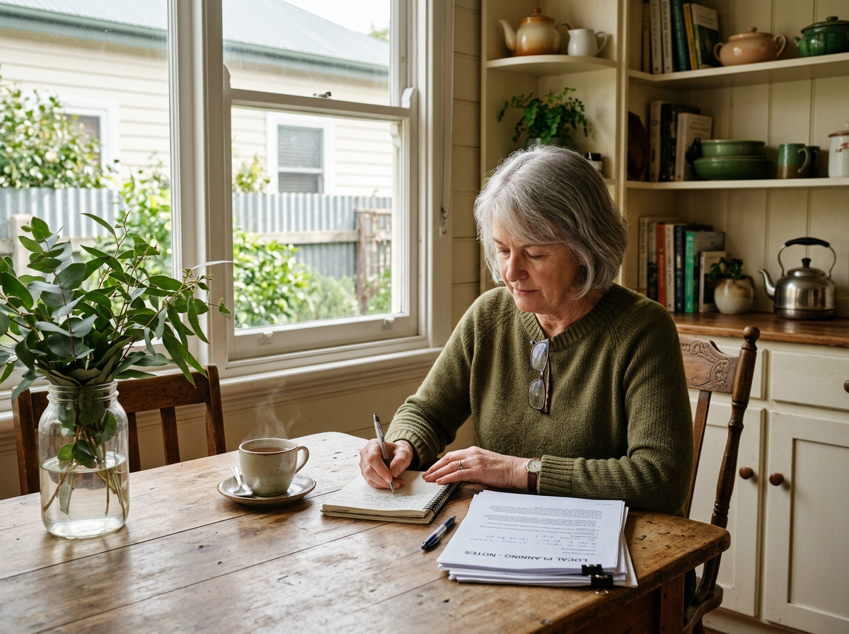 A woman writing her plans in a notebook at a kitchen table